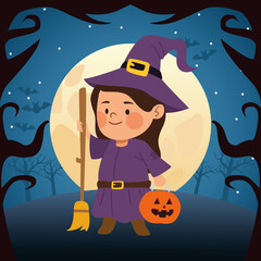 cute little girl dressed as a witch and moon night