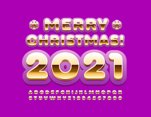 Vector stylish greeting card Merry Christmas 2021 with Snowflakes. Gold and Violet trendy Font. Modern Alphabet Letters and Numbers set