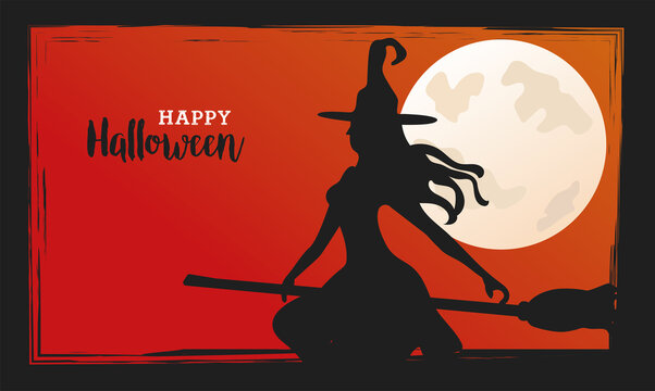 happy halloween celebration with witch flying in broom and fullmoon night scene