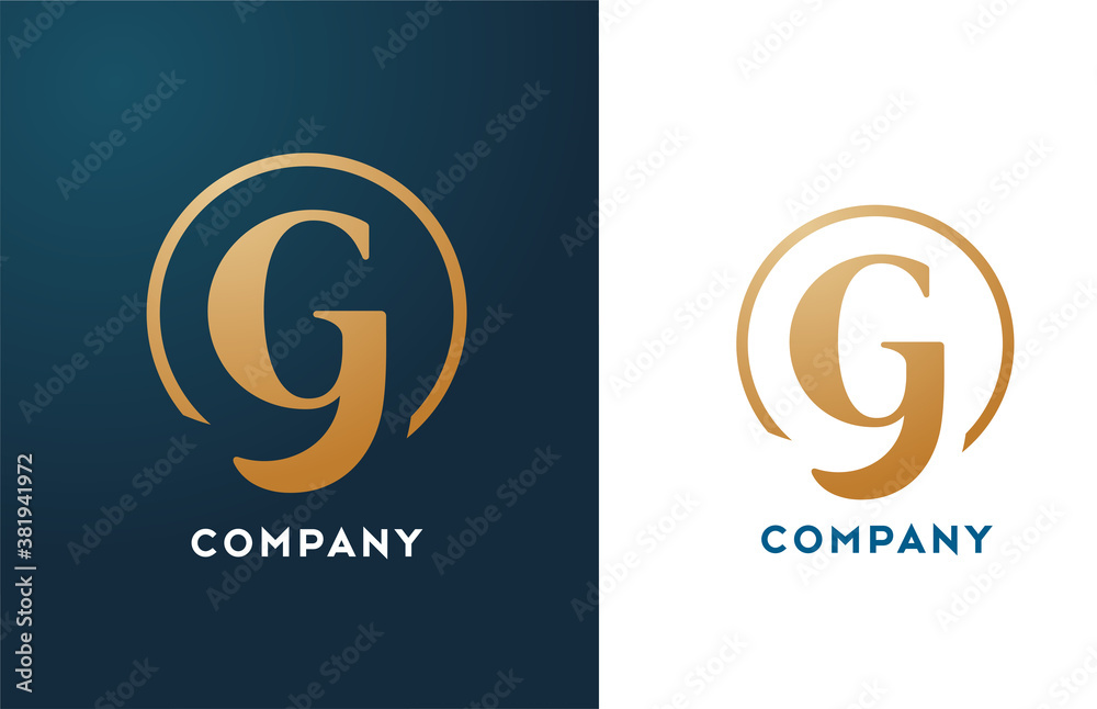 Wall mural g alphabet letter logo icon in gold and blue color. simple and creative golden circle design for com