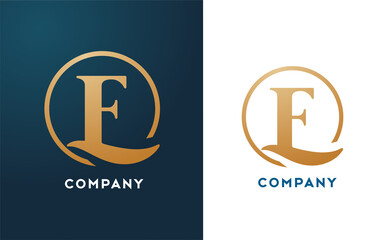 E alphabet letter logo icon in gold and blue color. Simple and creative golden circle design for company and business
