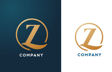 Z alphabet letter logo icon in gold and blue color. Simple and creative golden circle design for company and business