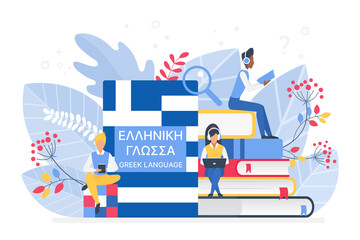 Fototapeta na wymiar Students learning Greek isometric vector illustration. Pupils reading books 3d cartoon characters. Using hi-tech gadgets for teaching foreign languages. Distance education, online learning concept