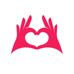 Pink hands in shape of heart icon, palms showing heart logo, love and romantic relationships symbol, sign of recognition of love or appreciation through gesture. Isolated flat vector illustration