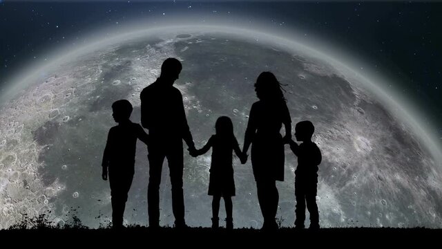 A Silhouette of a Family Watching on the Slowly Spinning Moon Around of the Earth.A Close Up of the Slowly Spinning Moon on Sky Up. Flight Into the Infinite Universe. The Travel of Satellite of Earth.