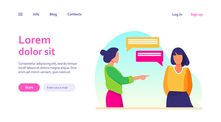 Woman pointing to girl and talking with her. Hand, forefinger, speech bubble flat vector illustration. Communication and conversation concept for banner, website design or landing web page