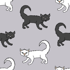 Seamless pattern of drawn domestic black and white cats