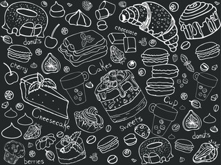 Craftsy pattern with cakes on korichnevoy background white outline. The seamless pattern is drawn by hand. In the picture: marshmallows, macaroons, cakes, berries, and sweets.
