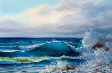Blue sea waves, illustration, Oil painting paints on a canvas.