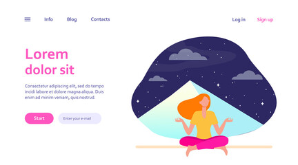Woman doing yoga at night. Meditating girl sitting in lotus pose at mountain peak flat vector illustration. Meditation, lifestyle, wellness concept for banner, website design or landing web page