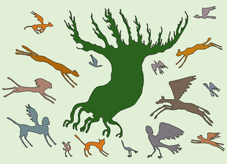 Fototapeta premium Vector illustration of silhouettes of magic tree and fantastic creatures