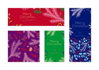 Obraz na płótnie Canvas Holiday banners set with isolated tree branches. Winter sale fair — flyer, poster with soft Xmas seamless floral pattern. Old-fashioned New Year greeting card. Christmas botanical banners.