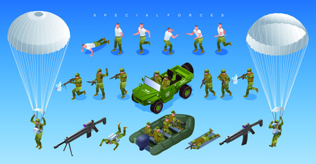 Special Forces of Modern Army off road vehicle military boat Soldiers Paratroopers Set isometric icons on isolated background