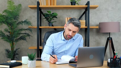 Man at home office study remote online video call conference with teacher tutor, distance education...