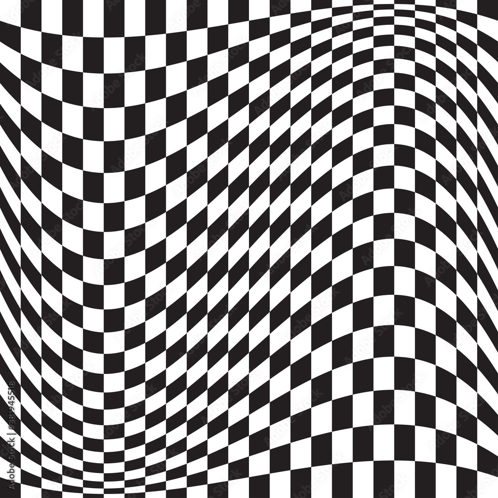Poster wavy, waving version checkered, chequered, chessboard surface with distortion, deformation effect. d