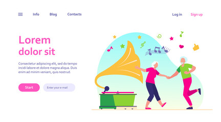 Happy old people dancing isolated flat vector illustration. Cartoon funny active elderly couple having fun together. Party, lifestyle and entertainment concept