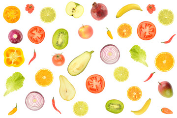 Delicious pattern of whole and cut vegetables and fruits isolated on white
