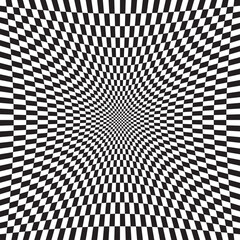 Hollow, indent, depression version Checkered, chequered, chessboard surface with distortion, deformation effect. Distort, deform squares background, pattern