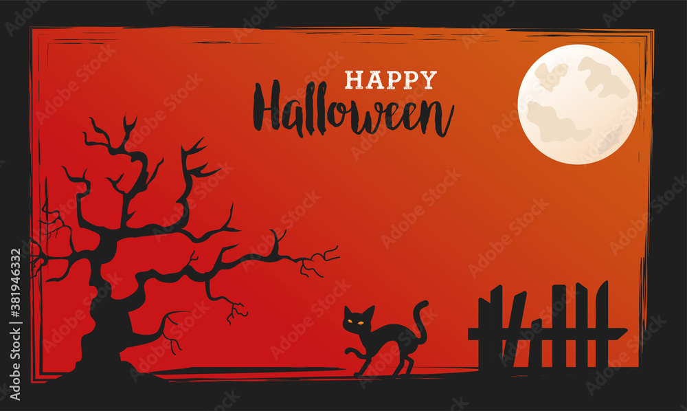 Sticker happy halloween celebration with black cat and fence scene