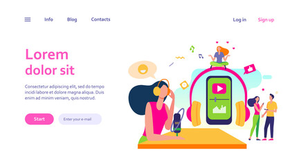 Happy radio host in headset speaking at microphone on air. People with smartphones listening to radio podcast. Radio broadcasting, communication, mass media concept.