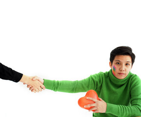 Handsome Asian tomboy LGBT abstract relationship love support holding hand with heart balloon