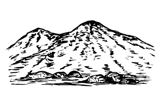 Hand drawn vector drawing in engraving style. Mountain landscape, hilly, rocky terrain, nature of mountainous countries. Geology, travel, tourism, camping.