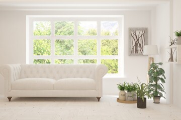 White living room with sofa and summer landscape in window. Scandinavian interior design. 3D illustration