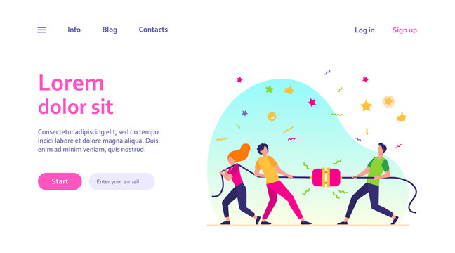 Groups of people pulling rope in tug of war play. Struggling team competing with each other. Vector illustration for game, contest, competition, confrontation concept