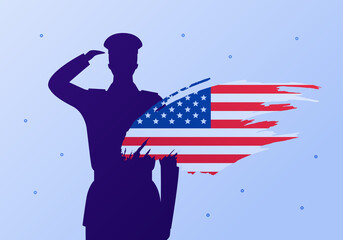 Veteran day and fourth july holiday concept. Vector flat illustration. Man soldier silhouette salute with american flag in brush stripes frame. Design element for army banner, web.