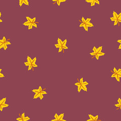 Seamless pattern with yellow maple leaves. Brown stem. Pink background. Autumn or summer. Nature or ecology. Doodle cartoon style. For postcards, wrapping paper textile, wallpaper and scrapbooking
