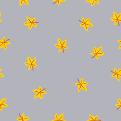 Seamless pattern with yellow maple leaves. Brown stem. Gray background. Autumn or summer. Nature or ecology. Doodle cartoon style. For postcards, wrapping paper textile, wallpaper and scrapbooking