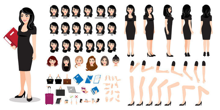 Businesswoman cartoon character creation set with various views, hairstyles, face emotions, lip sync and poses. Parts of body template for design work and animation.