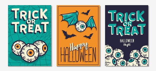 Colored halloween party invitation, banner, poster or postcard with scary horrible spider web, horrible eyeball and horror eyes with wings illustrations for october holiday design