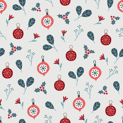 Christmas seamless pattern with flowers, balls, holly berry, baubles, leaves