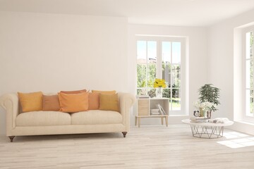 White living room with sofa and summer landscape in window. Scandinavian interior design. 3D illustration