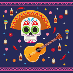 dia de los muertos celebration poster with skull head and guitar