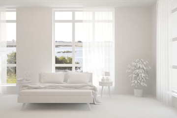 Modern bedroom in white color. Scandinavian interior design. 3D illustration