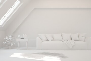 White minimalist living room with sofa. Scandinavian interior design. 3D illustration