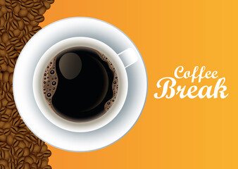 coffee break lettering poster with cup and seeds in yellow background
