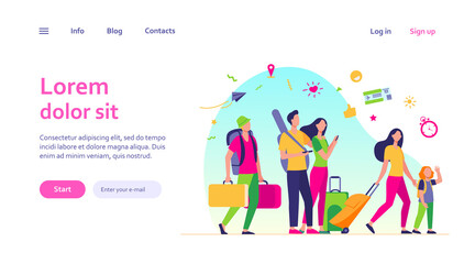 Group of tourists with suitcases and bags standing in airport. Families, elderly couples travelling with luggage. Vector illustration for trip, journey, travel, vacation concept