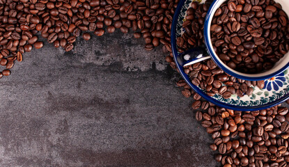 A cup of coffee. Beans of coffee. - obrazy, fototapety, plakaty
