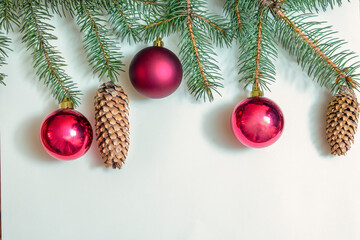 happy new year.Christmas composition with fir branches and cones.copy space