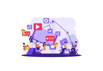 some people hold a cellphone, and above it is a symbol like, comment, photo, share etc. Vector illustration