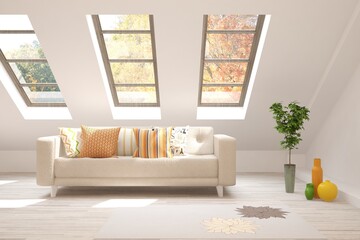 Stylish room in white color with sofa and autumn landscape in window. Scandinavian interior design. 3D illustration