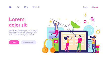 Female journalist with microphone interviewing man isolated flat vector illustration. Camera crew shooting TV reportage for news. Mass media and conversation concept