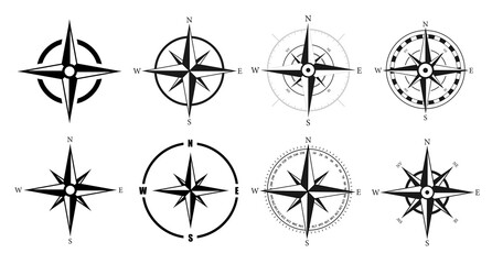 Black wind rose or compass set. Vector illustration