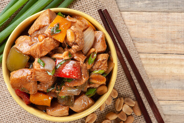 Kung pao chicken. Chinese traditional food. Chess chicken. Top view