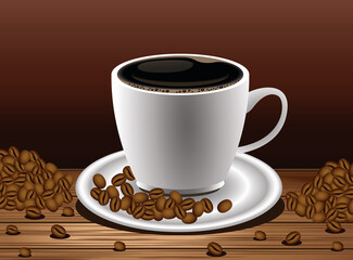 coffee break poster with cup and seeds in wooden table