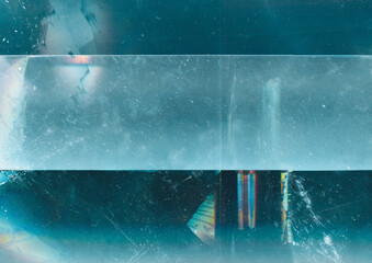 Ice abstract background. Frozen water texture. Teal blue scratched surface with copy space frame.