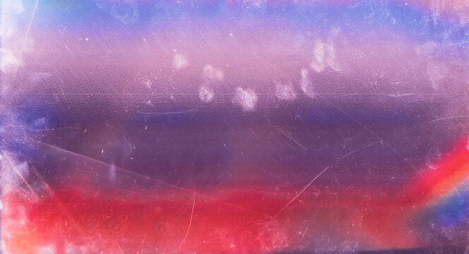 Aged effect overlay. Old film texture. Purple red gradient background with dust scratches.